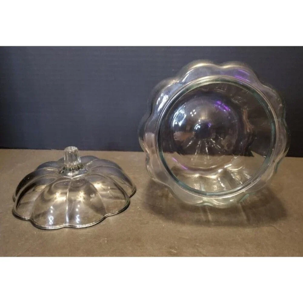 Anchor Hocking Pumpkin Cookie Jar Candy Glass Dish W/ Lid 7” Fall Halloween Vtg